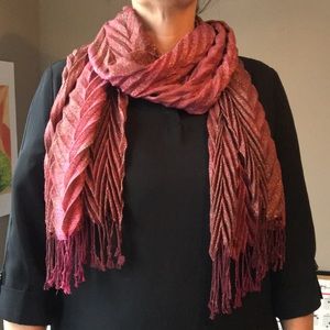 Magenta and tan scarf with fringe